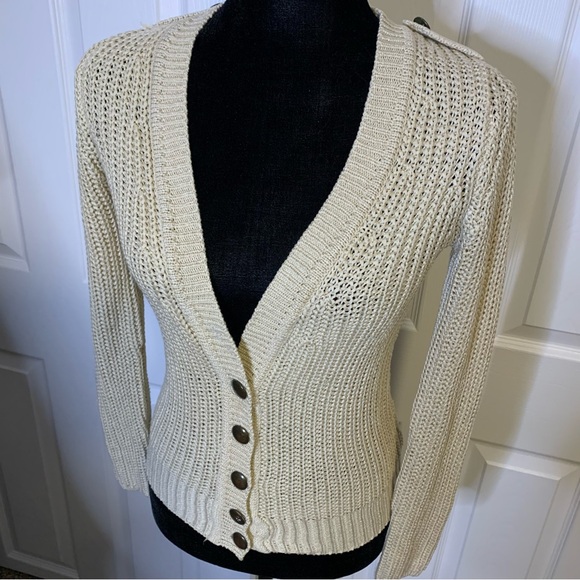 Creme Knit V Cut Button Cardigan - Picture 2 of 7